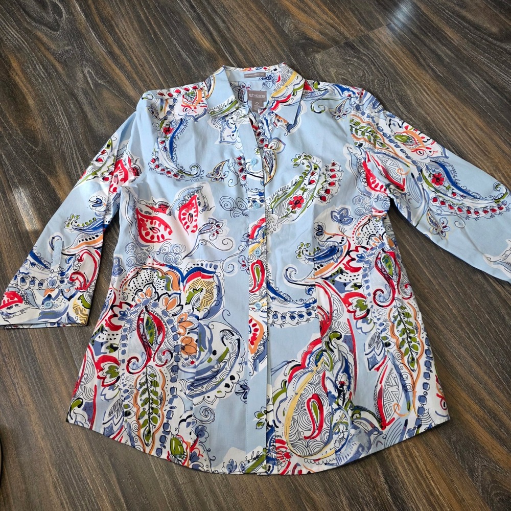 Chico's Wrinkle Resistant Blue Paisley Floral 3/4 Sleeve Button Down Shirt Sm